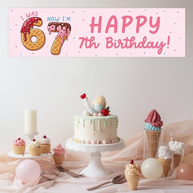 Andaz Press 13x48 Inch 6 7 Birthday Banner Decorations, I Was 6 Now I'm 7 Birthday Banner Ice Cream Theme Design 67 Happy Birthday Party Banner for Boys or Girls, Home or Party Decor Backdrop Sign