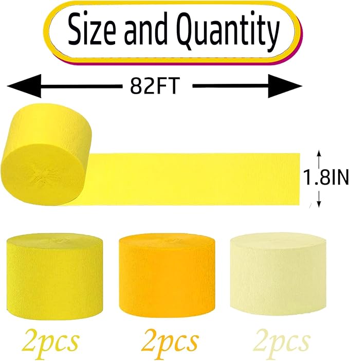 Yellow Crepe Paper 6 Pcs Streamers for Party Decorations, Birthday Wedding DIY Crafts, Gift Wrapping Supplies