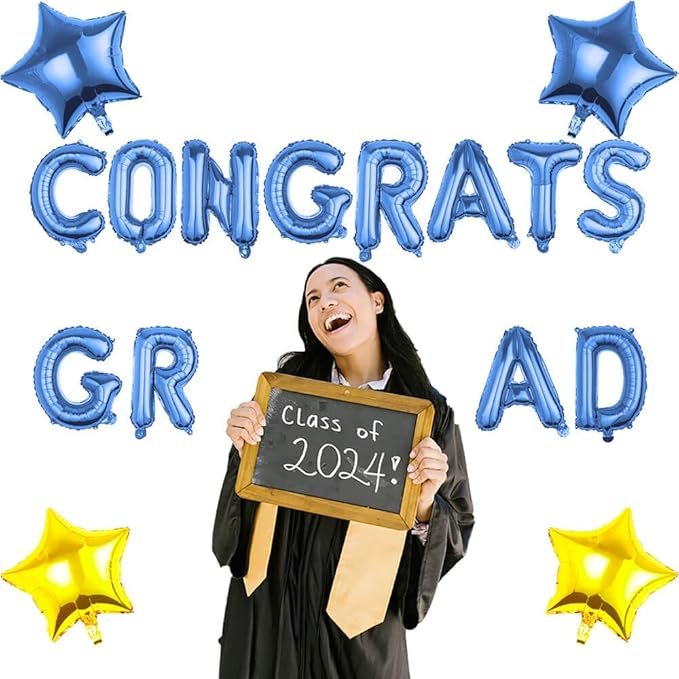 CONGRATS GRAD Blue Gold Balloon Gift Set - Perfect Graduation Gift - Complete 19-Piece Party Kit with 16ā Letters + 18" Stars - Ready-to-Give Celebration Package 2026