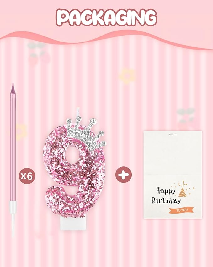 Birthday Candles for Cake, Pink Number Candles, Cake Candles with Greeting Card for Birthday Party Wedding Anniversary Celebrations (9 Candle, Silver Crown)
