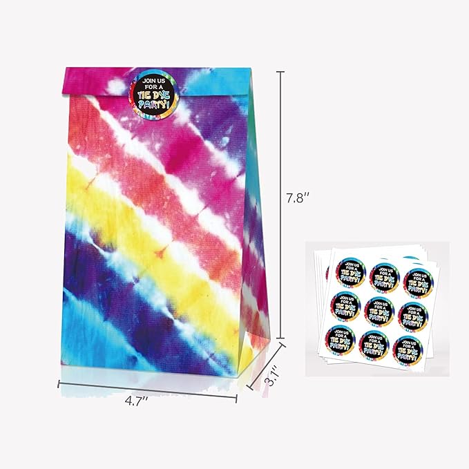 AICHENGZI Tie Dye Gift Treat Bags Bags Tie Dye Party Goodie Paper Bags Candy Bags with Stickers Colorful Party Paper Bags (12PCS)