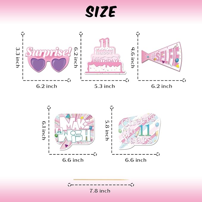 20 Pcs Girl 11th Birthday Photo Booth Props Kit, Pink Eleven Birthday Party Selfie Decorations, Girl Kid's 11th Bday Party Photography Supplies