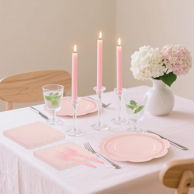 75 PCS Pink Paper Plates and Napkins Party Supplies, LightPink Scalloped Plates Napkins Forks Disposable Tableware Set for Bridal Baby Shower Wedding Birthday Party Decorations (Pink)