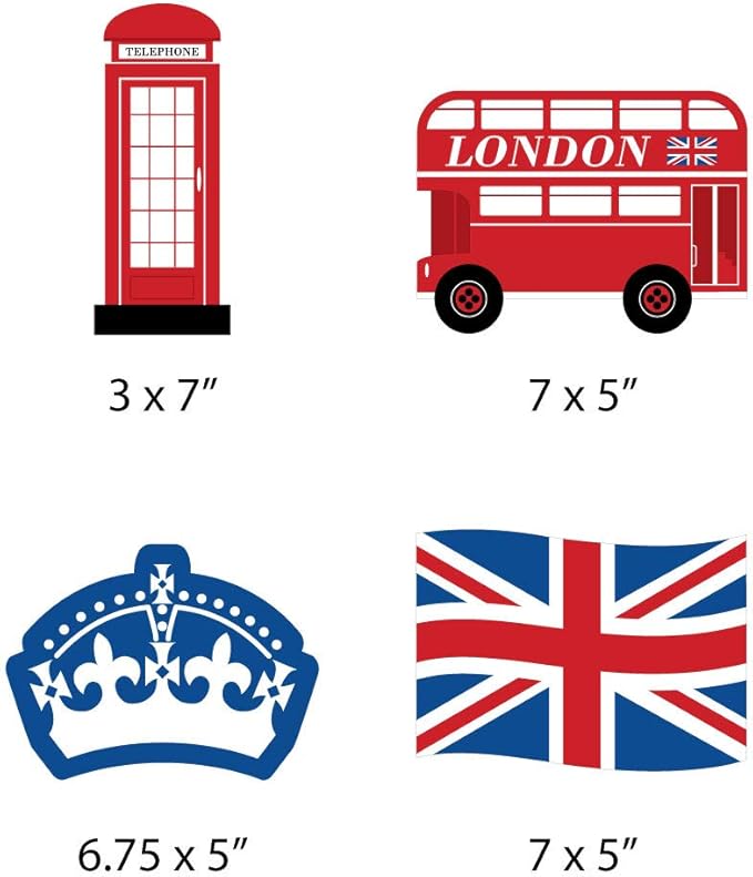 Big Dot of Happiness Cheerio, London - Union Jack Flag, Double-Decker Bus, Crown and Red Telephone Booth Decorations DIY British UK Party Essentials - Set of 20