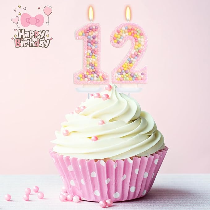 Birthday Candles - Number 12 Candle, Colorful Macaron Candles, 12 Birthday Decorations for Girl, Sweet Cake Decorations, Sweet Theme Party Supplies (Pink)