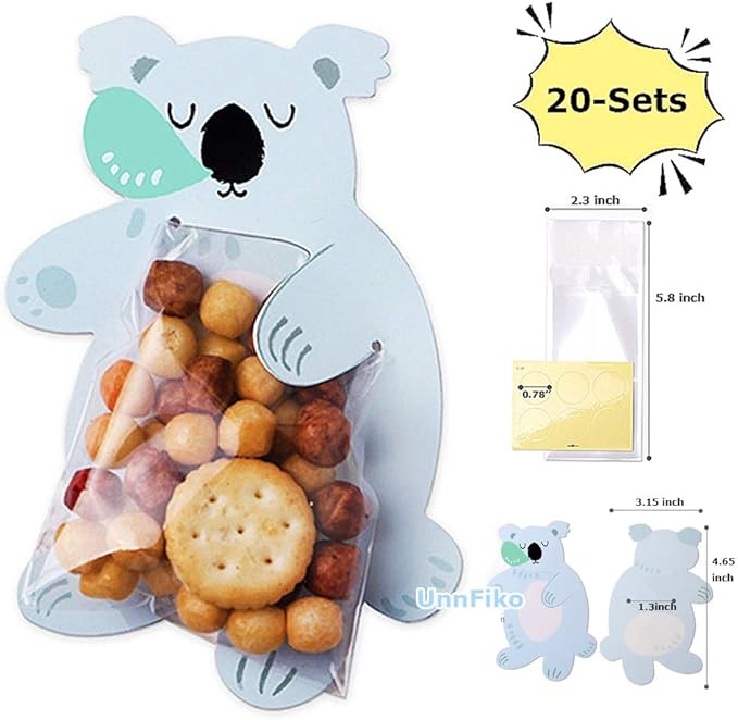 UnnFiko Mini 'Candy' Bags {20 Pack} Paper Party Favor Treat Bags for Cookies, Candy Buffet, Baby Shower- Halloween/Wedding/Birthday Party Favor Bags (Sleep Koala, 20-Pack)