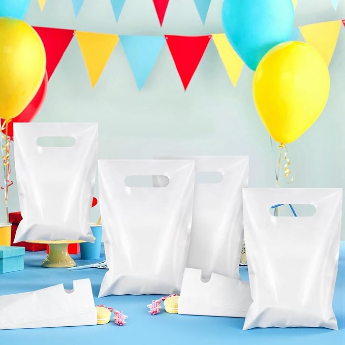 Hxezoc 50 Pieces White Gift Bags with Handle, Plastic Treat Candy Jewelry Bag White Party Favor Bag for Baby Shower Birthday Party Decoration Supplies