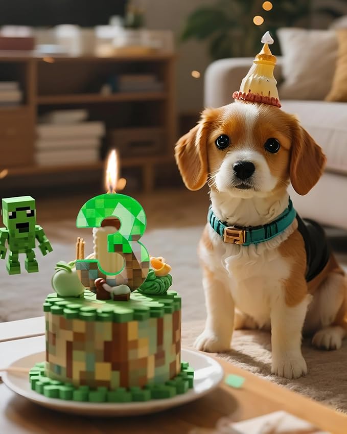 Pixel Birthday Candle, 2.68 Inch Miner Number Candles, Game Themed Candle Birthday Decoration for Pixel Theme Birthday Anniversary Dynamite Video Game Party (Green, 3)