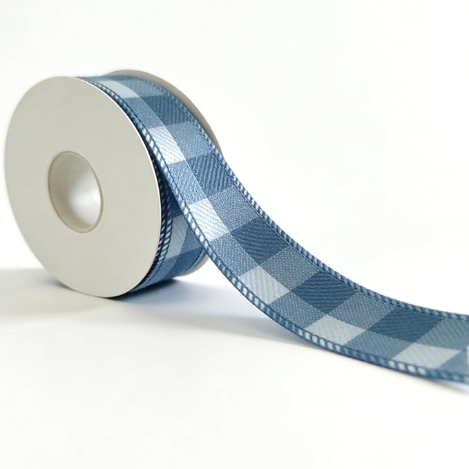 Meseey 7/8 Inch Blue and White Plaid Wired Ribbon, 10 Yards Patriotic Check Wired Edge Ribbon for Gift Wrapping, Crafts, Wreaths, Bouquets, Holiday & Home Decor