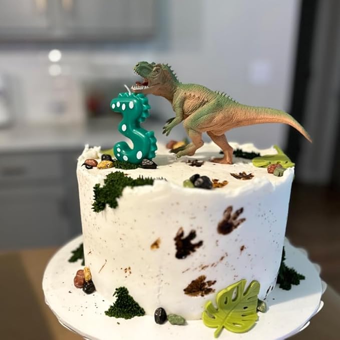 Number 4 Dinosaur Birthday Candles Set, Dino-Themed Cake Candle 4 2.75 Inch Green with 5Pcs Dinosaur Candles for Birthday Parties Celebration