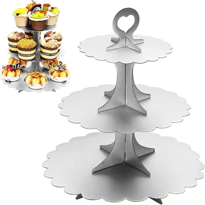 3-Tier Silver Matte Cupcake Stand 2 Pack, Cardboard Dessert Display for Weddings, Parties Events, Easy to Assemble Tiered Cake Stand