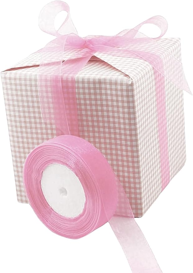 1 Inch 50 Yards Sheer Organza Ribbon Chiffon Ribbon for Gift Wrapping Wedding Bouquet Crafts (Pink)