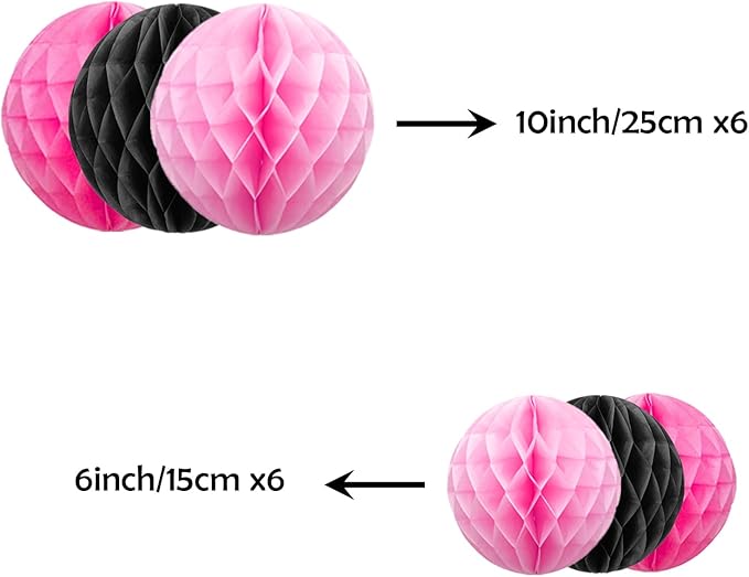 ZOOYOO 12Pcs 6" 10" Honeycomb Balls Decorations Hanging Tissue Paper Pom Poms for Girls Birthday Party Halloween Wedding Decorations(Pink Black)