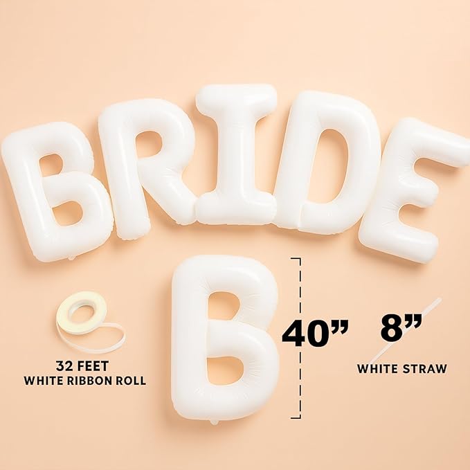 40 Inch White Bride Balloons for Bachelorette Party Decorations, TWPER Large Foil Letter, Balloon Banner Kit with Ribbon Straw for Bridal Shower Wedding Engagement Photo Props