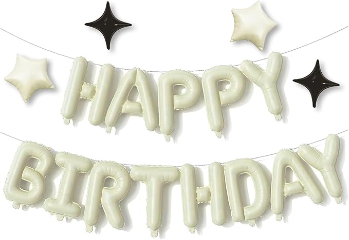 Cream Green Happy Birthday Banner Balloon Aluminum Foil 16 Inch Letter,10 Inch Five Pointed Star Four Pointed Star Suitable for Kids, Men, Women, Boys and Girls Party Decoration Supplies