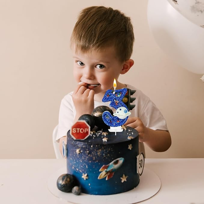 HXOUSE Spaceship Number 3 Birthday Candles - Outer Space Universe Birthday Candles for Cake, 3 Candle Topper for Anniversary Celebrations, Astronaut Rocket Party Decorations for Boys