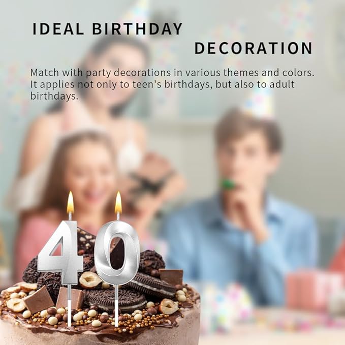 40 Birthday Candle Number 40 Candle Silver Candles for 40 Birthday Decorations for Girls 40th Decorations 40 Birthday Candle 40 Birthday Girl Silver Candle Numbers 40