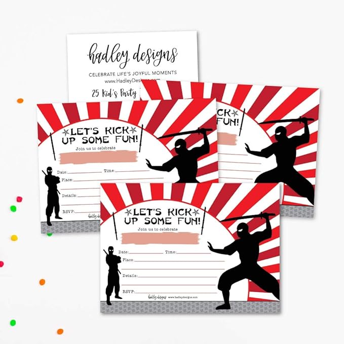 Hadley Designs Kids Birthday Invitations For Boys Ninja Theme - 25 Ninja Birthday Party Invitations For Boys, Martial Arts Invites For Boy, Cute Karate Party Supplies, Made In USA