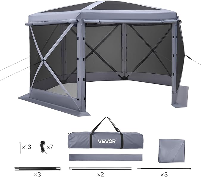 VEVOR Pop up Gazebo Screen Tent, 12 x 12 ft Large 6-Sided Camping Canopy Tent with Removable Top & Carry Bag, Quick-Set & Bite-Proof, Screen House Sun Shelter for 8-10 Persons Backyard Patio, Grey