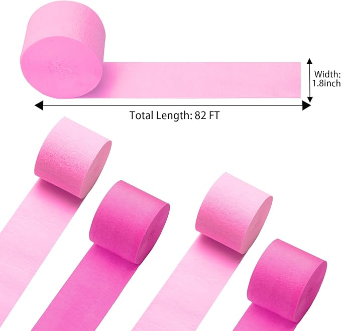 Pink Crepe Paper Streamers 4 Rolls 328ft, Pink Peach Crepe Paper Party Streamers, Crepe Papers for Birthday Wedding Baby Shower Graduation Party Christmas Halloween Decorations (1.8Inch x 82Ft/Roll)