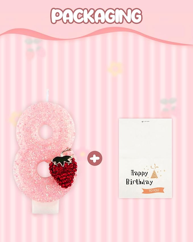 Birthday Candles for Cake, Pink Number Candles, Cake Candles with Greeting Card for Birthday Party Wedding Anniversary Celebrations (Strawberry 8 Candle)