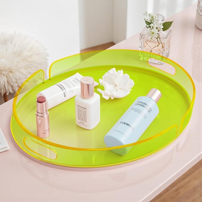 Acrylic Serving Tray with Handles Large Decorative Ottoman Tray 17x13'' Round for Bathroom Food Coffee Fruit Snack Tea Dinner Living Room, Neon Green