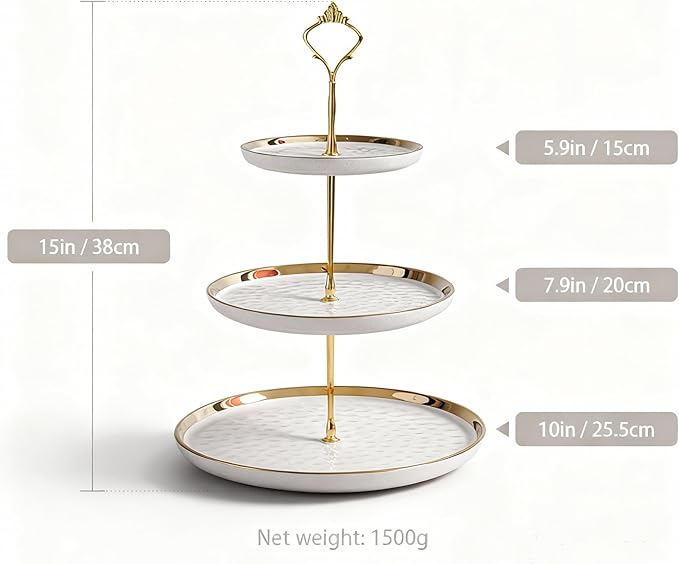 3-Tier Ceramic Cupcake Stand with Gold Trim - Elegant Dessert Serving Platter for Cakes, Pastries, Snacks & Fruits - Parties, Afternoon Tea & Home Decor (White)