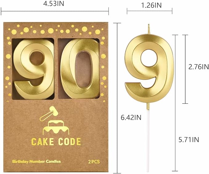 2.76 Inch Diamond Gold 90 Number Birthday Candles, Gold and Cake Number Candles for Party Celebration