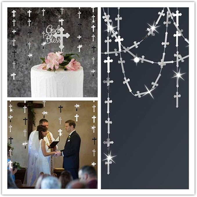 52.5FT Cross Garlands, Sliver Christ Cross Hanging Decor, Ceiling Hanging Decoration for Easter Baptisms Christening Wedding Baby Shower