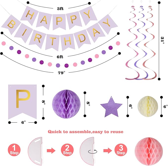 meowtastic Birthday Decorations, Happy Birthday Banner with Honeycomb Balls, Stars Hanging Swirls Streamers, Circle Dots Garland, Happy Birthday Party Decorations for Women Men Boys Girls (Purple)