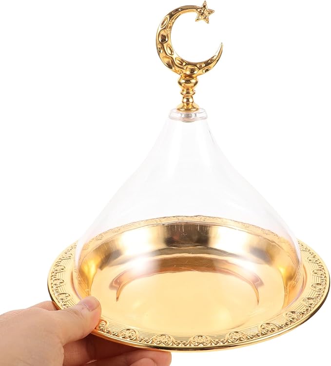 POPETPOP Carved Disc Cake Plate with Cover 6.7 Inch Round Metal Dessert Stand for Wedding Party Snack Display and Cupcake Holder