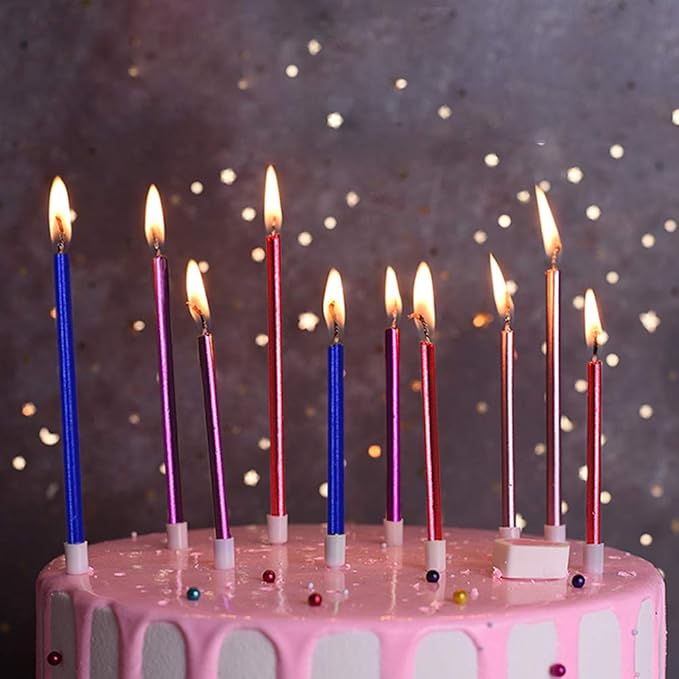 12 Count Long Thin Champagne Pink Birthday Cake Candles in Holders for Birthday Wedding Party Cupcake Decorations Tall Candles
