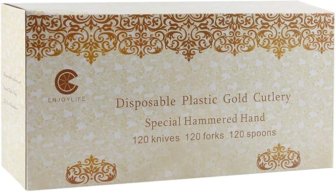 Supernal 360pcs Gold Plastic Silverware Set - Heavy Duty Disposable Cutlery (120 Forks, 120 Spoons, 120 Knives) - Elegant Hammered Finish, Premium Plastic Flatware for Weddings, Parties & Catering