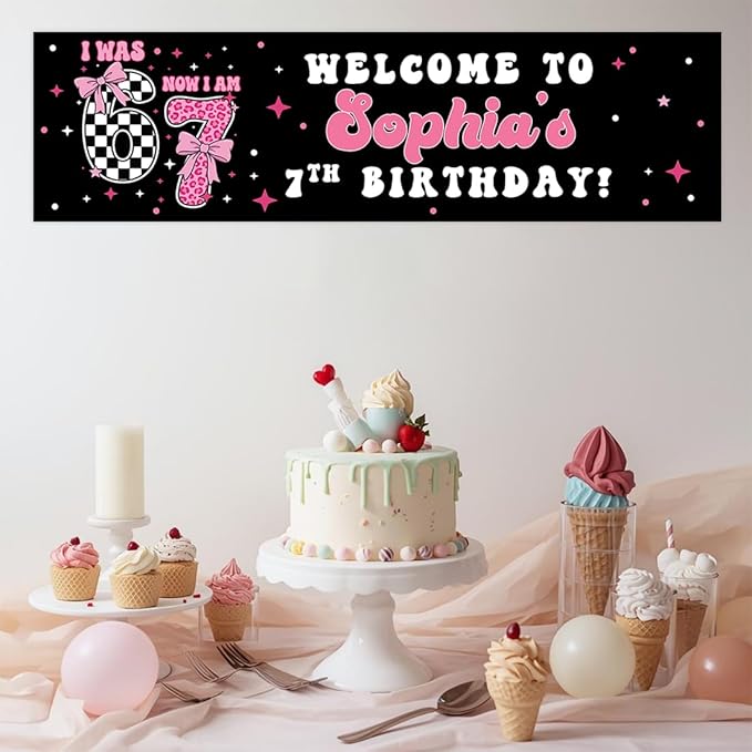 Andaz Press 13x48 Inch Custom 6 7 Birthday Banner Decorations, Personalized Birthday Banner with Custom Name, Coquette Pink Bow 67 Happy Birthday Party Banner for Girls, Home or Party Decor Backdrop