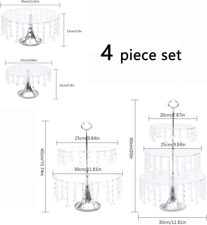 4 PCS Cake Stand Set Silvery Crystal Dessert Table Plate Set,Metal Cupcake Tray Candy Fruit Display Tower for Wedding Afternoon Tea Birthday Party Baby Shower Anniversary