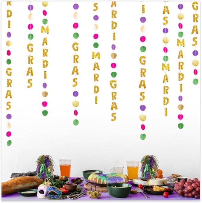 Cheerland Bundle 15Pcs Mardi Gras Fat Tuesday Party Photo Props & 4 pcs Mardi Gras Garland Set in Green Pink Purple Gold