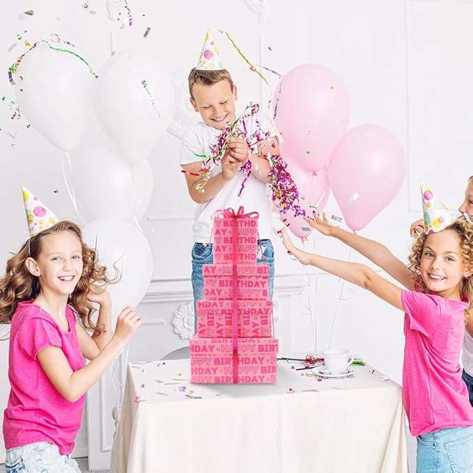 Pink Birthday Wrapping Paper Roll for Girls Kids Women, Pink Happy Birthday Wrapping Paper with Cut Lines on Reverse - 1 Mini Roll 17 X 10 ft Per Roll - Gift Wrap for Birthdays, Holiday, Party