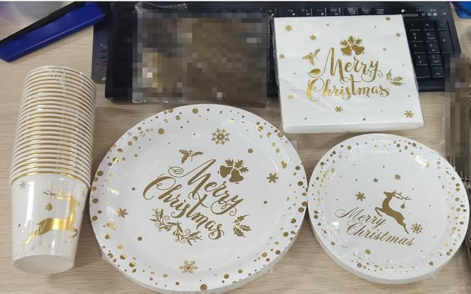 175 Pcs Merry Christmas Party Dinnerware Foil Dots Christmas Paper Plates Set Elk Xmas Plates Napkins Cups for New Year Wedding Birthday Baby Shower Party Supplies (White Gold)