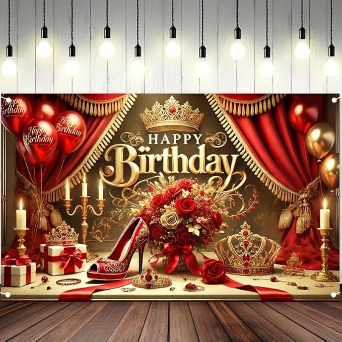 Royal Birthday Party Banner 71x43 Inch Double Sided Outdoor Decoration with CrownRed Rose and High Heel Design for Elegant Birthday Celebration Queen Party Supplies