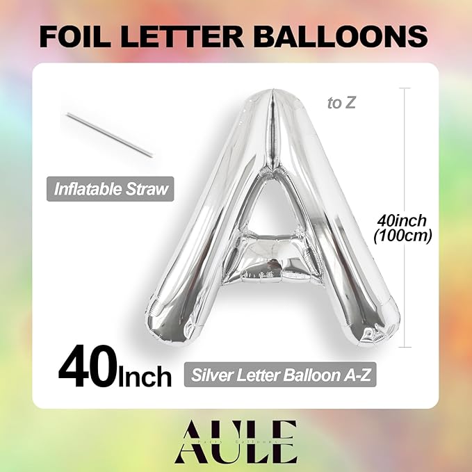 AULE 40 Inch Big Letter Balloon Silver R Large Foil Helium Alphabet Balloons A-Z for Birthday Anniversary Graduation New Year Party Decoration Supplies