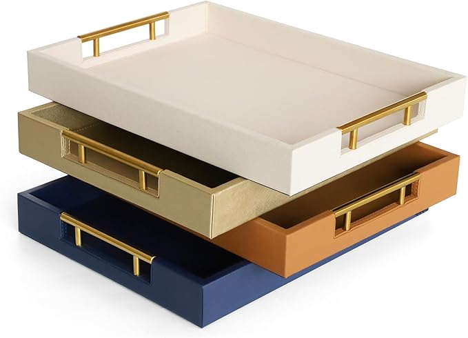 HofferRuffer Faux Leather Serving Tray with Gold Metal Handles, Stylish Decorative Tray Organizer for Coffee Table, Ottoman, Home Decor and Serving (CreamWhite, 16.2" x 12.2" x 2")