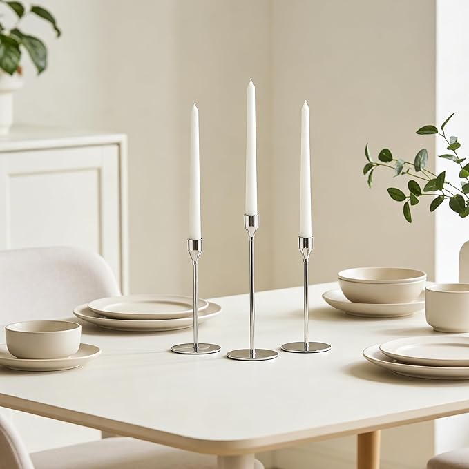 Candlestick Holders, Set of 6 Taper Silver Candle Holder Decor for Date, Festival, Wedding, Party, Dinning or Anniversary, Fit 3/4" Thick Pillar Candles & Led Candles