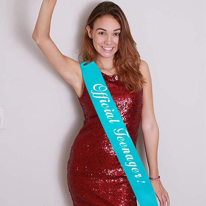 Silver Foil 'Official Teenager' Teal Sash for 13th Birthday Party Decorations & Gifts