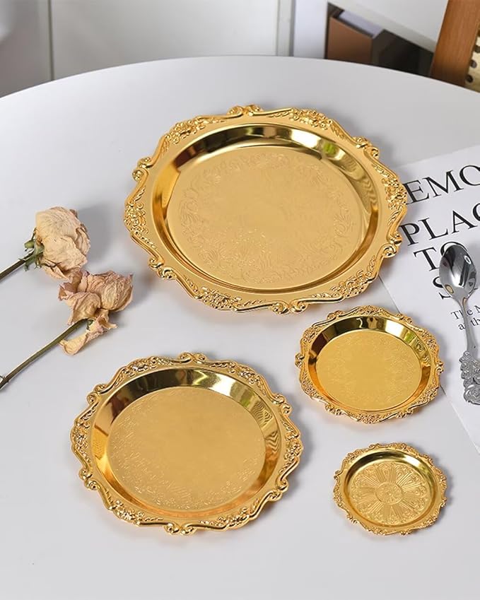 Round Decorative Tray 7.9in Metal Dessert Plates Vintage Coffee Table Tray for Snacks Fruit Gold