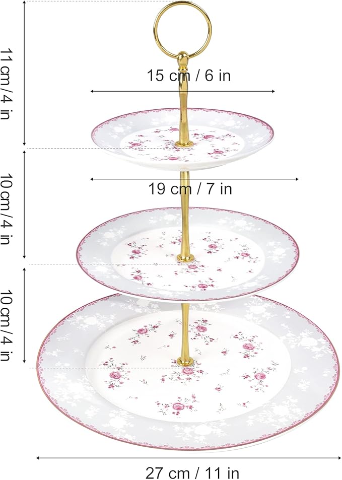 fanquare Pink Rose 3 Tier Porcelain Cupcake Stand, Floral Round Fruit Display Stand, Dessert Tower Tray for Wedding, Birthday and Tea Party