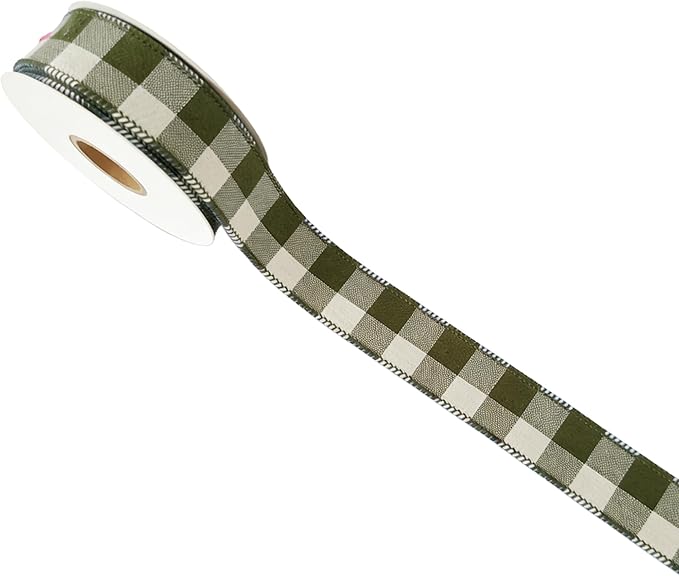 Meseey 7/8 Inch Sage Green Plaid Wired Ribbon, 10 Yards, Buffalo Check Ribbon for Christmas Decor, Gift Wrapping, Wreath Making, Crafts, Fall & Holiday Decor