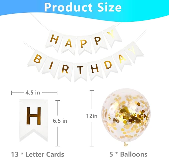 Happy Birthday Banner Sign Bunting Hanging Decorations with Shiny Gold Balloons Birthday Party Sign Decor for Party Supplies(white)