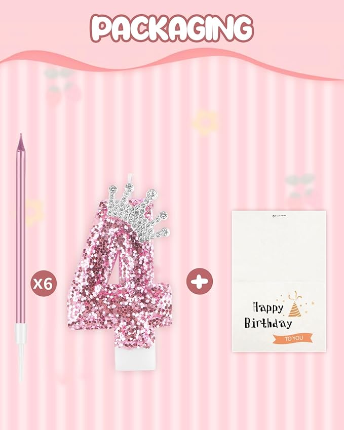 Birthday Candles for Cake, Pink Number Candles, Cake Candles with Greeting Card for Birthday Party Wedding Anniversary Celebrations (4 Candle, Silver Crown)