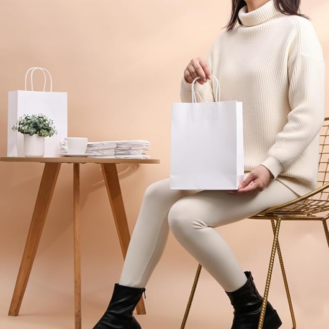 SUNCOLOR White Kraft Paper Gift Bags with Handles, 25 Pack, Medium 8x4.5x10 Inches, Sturdy Recyclable Shopping Bags for Party Favors, Retail, Weddings, and DIY Branding
