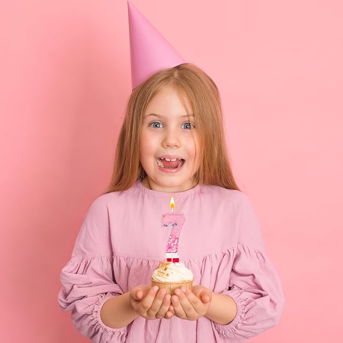 Pink Sequin Birthday Candles, Cake Number Candles, Girls 0th Birthday Decorations, Suitable for Birthday Parties, Anniversary Party Decorations(7)